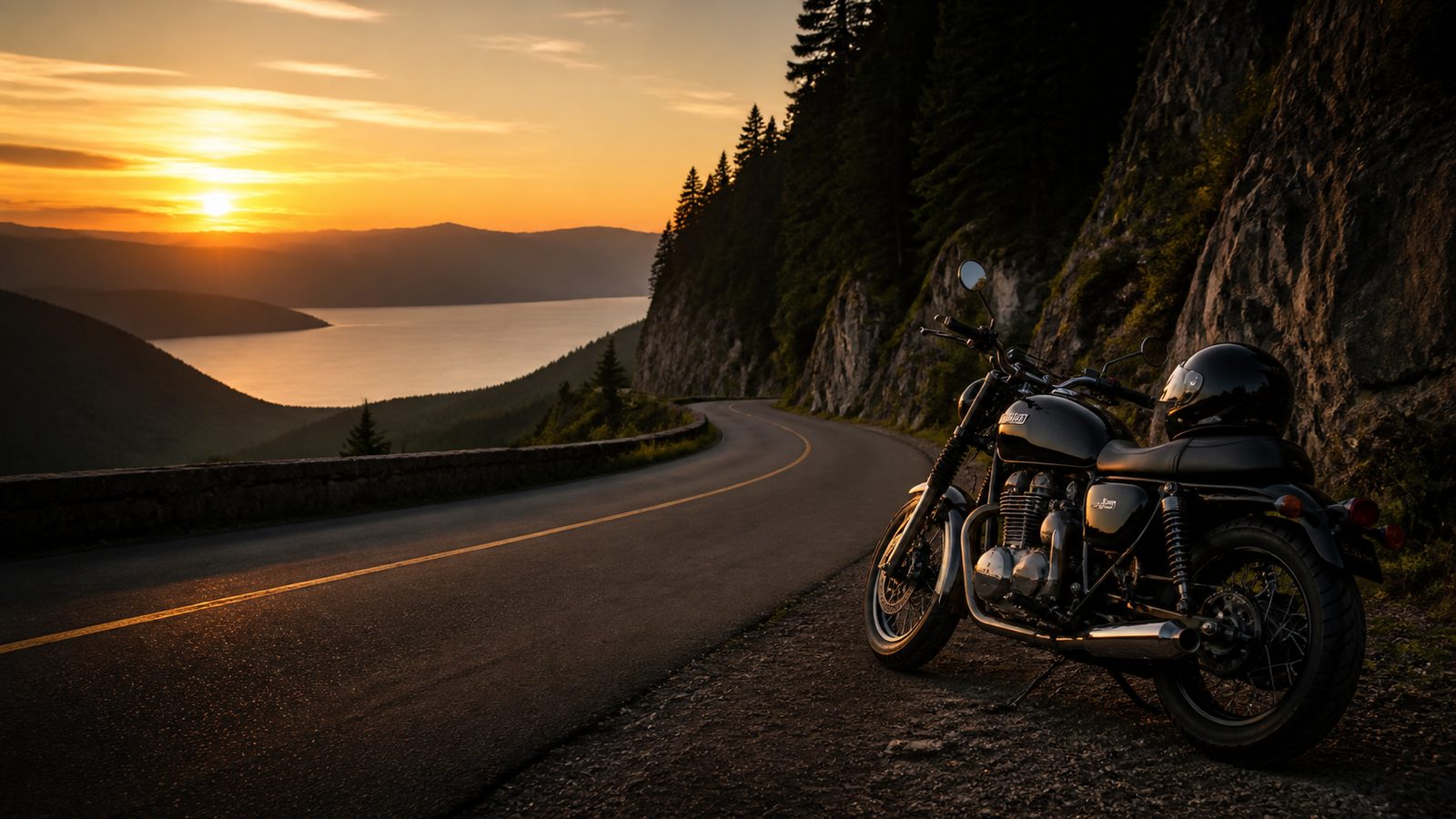 A parked motorcycle beside a winding mountain road at sunset.