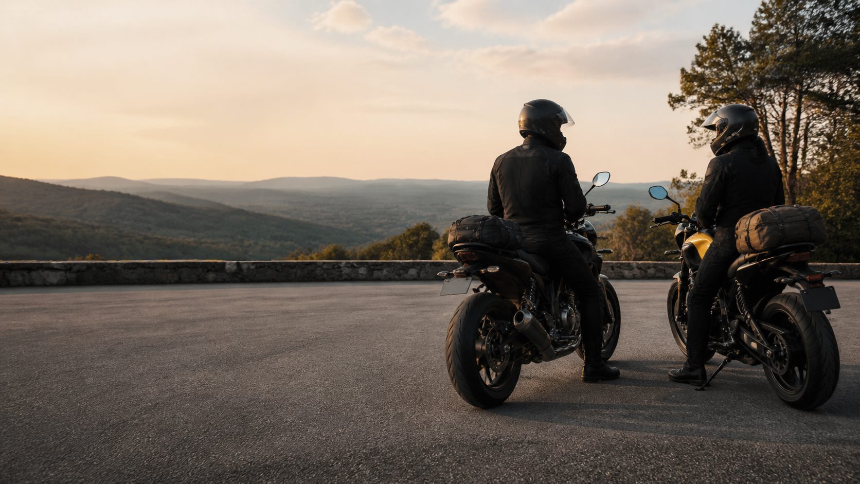 Two helmeted adult motorcyclists paused with separate motorcycles at a public scenic overlook.
